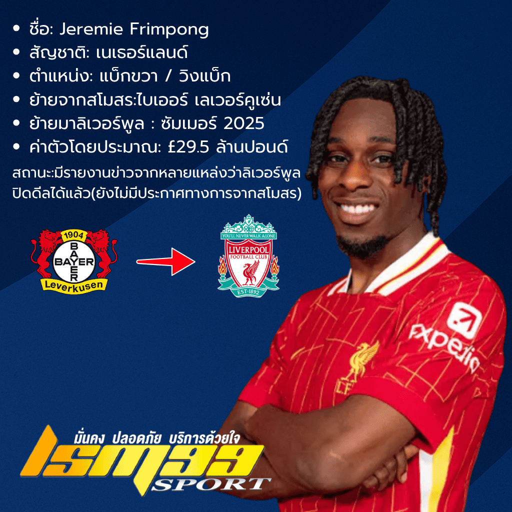 อินโฟกราฟิกการย้ายทีมของ Jeremie Frimpong จากไบเออร์ เลเวอร์คูเซ่น สู่ลิเวอร์พูลในซัมเมอร์ 2025 พร้อมระบุค่าตัว £29.5 ล้านปอนด์ และภาพนักเตะใส่ชุดลิเวอร์พูล ยืนกอดอกยิ้มบนพื้นหลังสีน้ำเงิน พร้อมโลโก้เว็บไซต์ lsm99sport