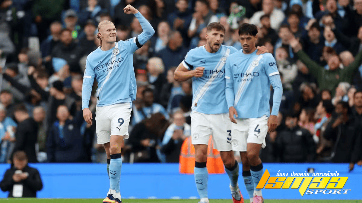 เออร์ลิง ฮาแลนด์ ฉลองประตูพร้อมเพื่อนร่วมทีมแมนเชสเตอร์ ซิตี้ ในศึกพรีเมียร์ลีก ภาพของ lsm99sport